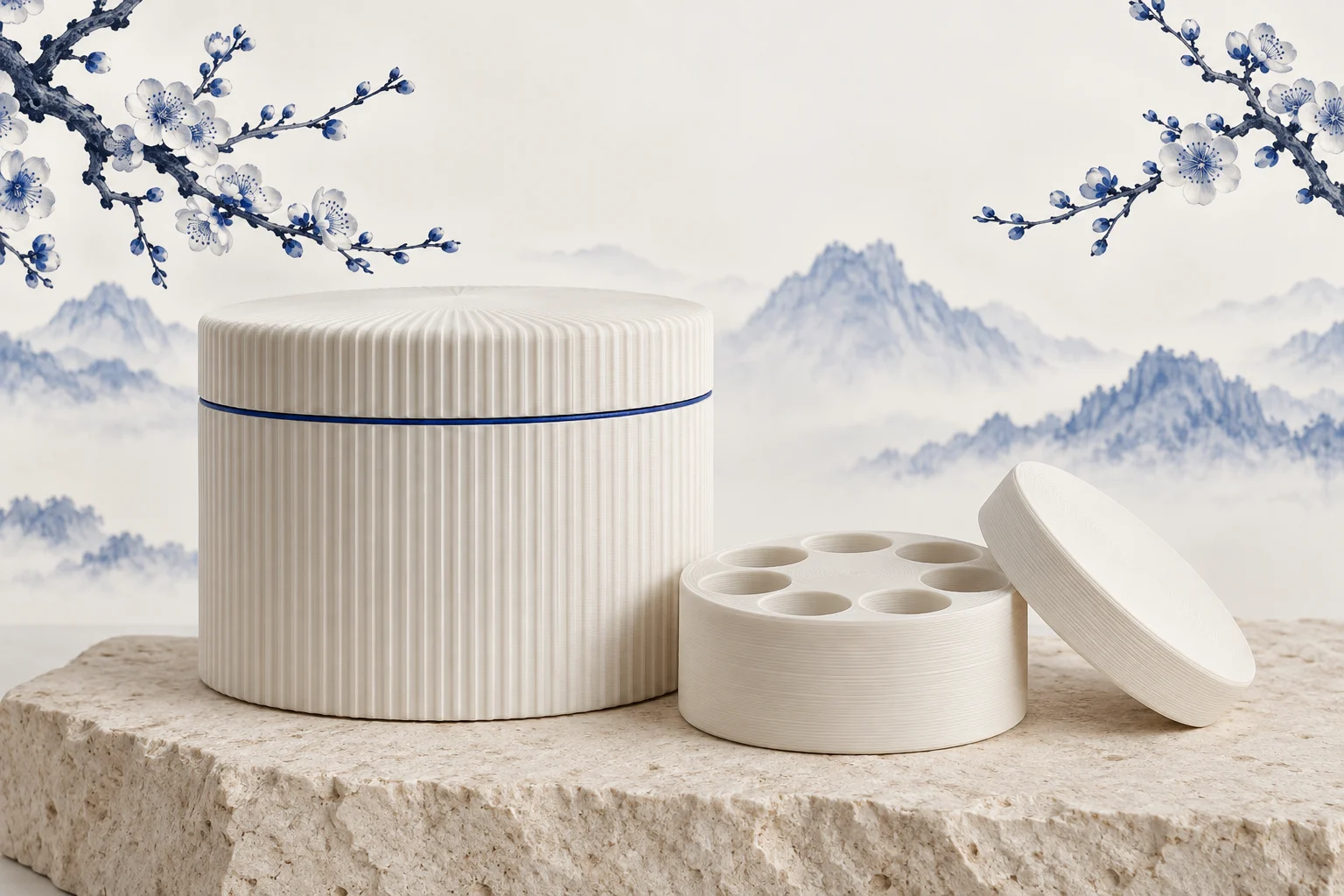 Qinghua-inspired design study of ivory storage objects with cobalt details and blue blossoms
